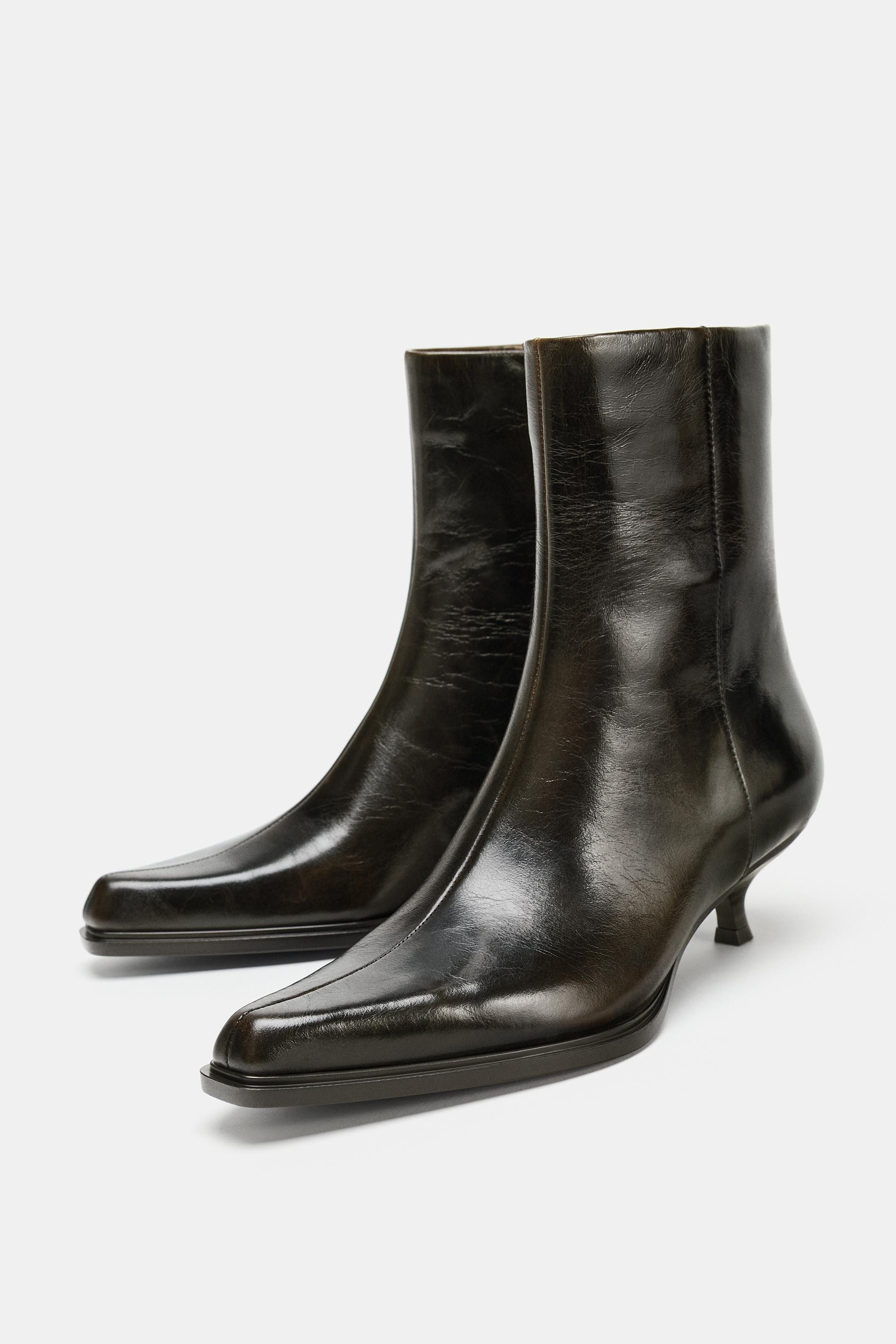 LEATHER KITTEN HEEL ANKLE BOOTS | Zara US