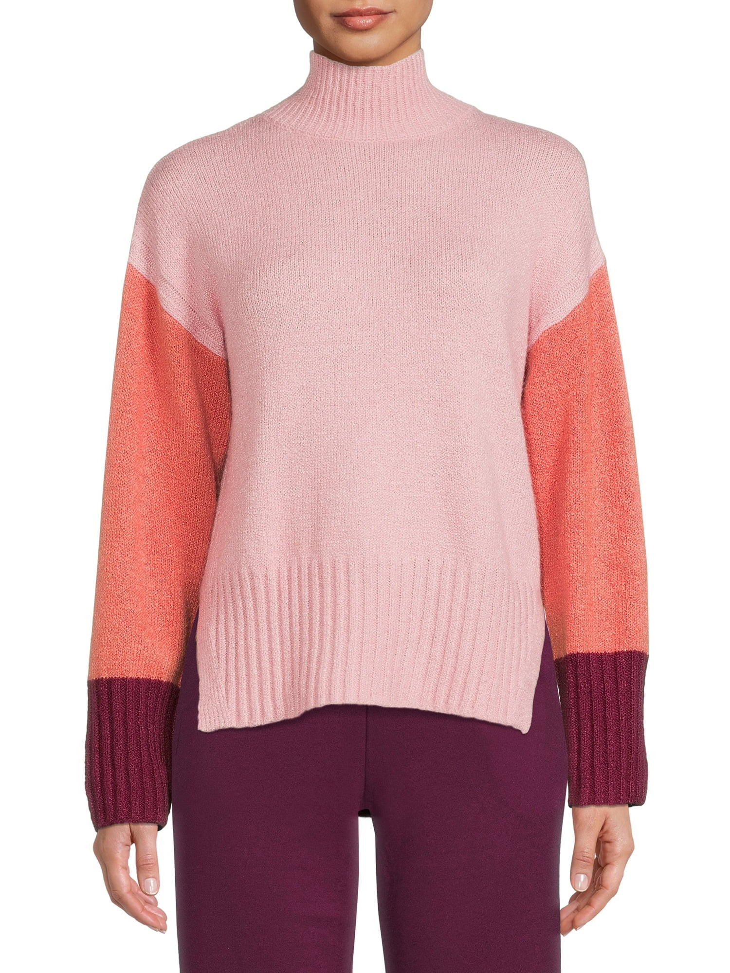 Time and Tru Women's Color Blocked Mock Neck Sweater | Walmart (US)