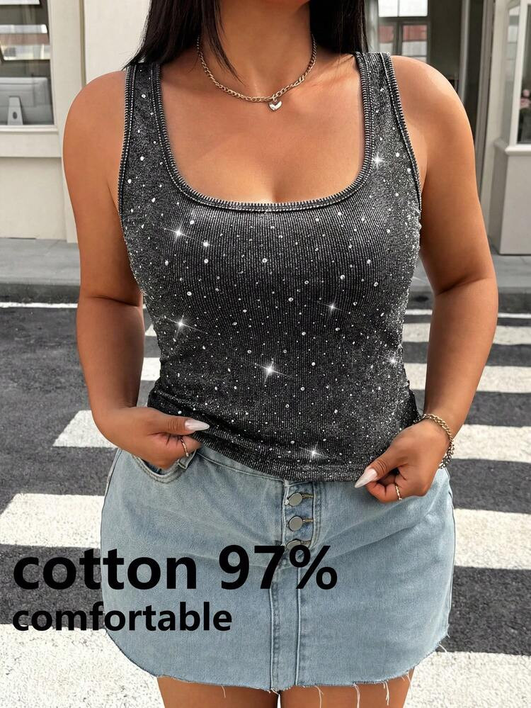 Muchica Plus Size Casual Washed Rhinestone Embellished Tank Top, Summer,Casual, Elegant ,Vacation... | SHEIN