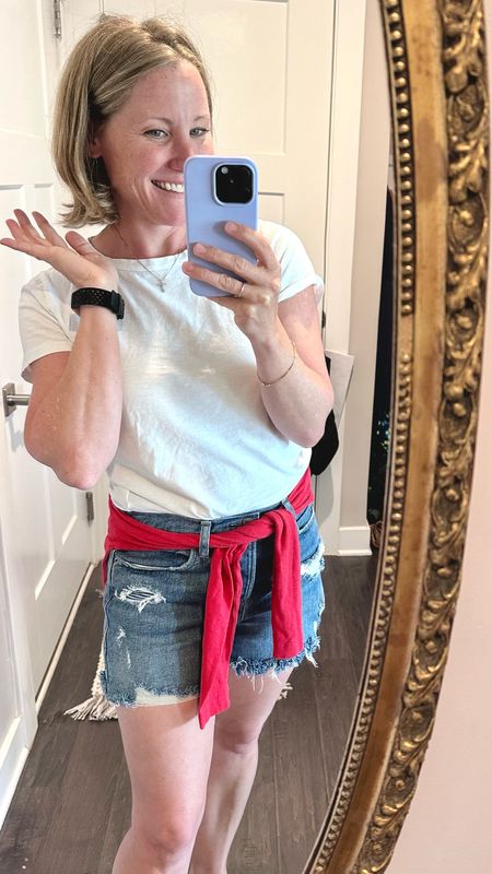 New summer hair do- and feeling patriotic with denim and white, loop a long sleeve red tshirt thru your belt loops! 

#LTKSeasonal #LTKStyleTip