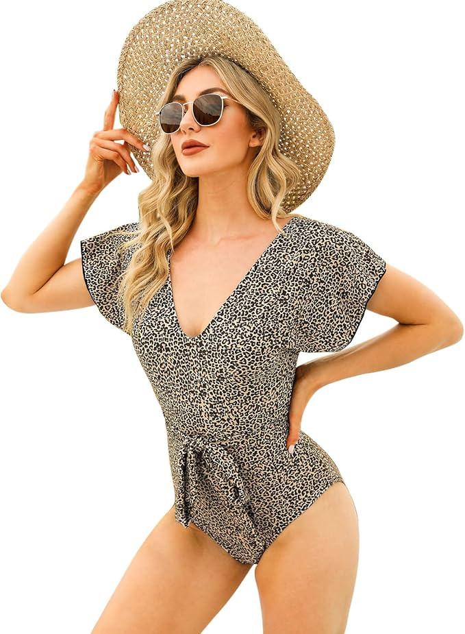 Byinns Women's V-Neck One-Piece Swimsuit with Belt Floral Printed Bathing Suits Ruffle Sleeve Swi... | Amazon (US)