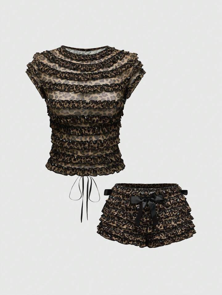 ROMWE J-Fashion 2pcs Y2K Sexy Women Set: Mesh Backless Bodycon Leopard Print Ruffle Shorts | SHEIN