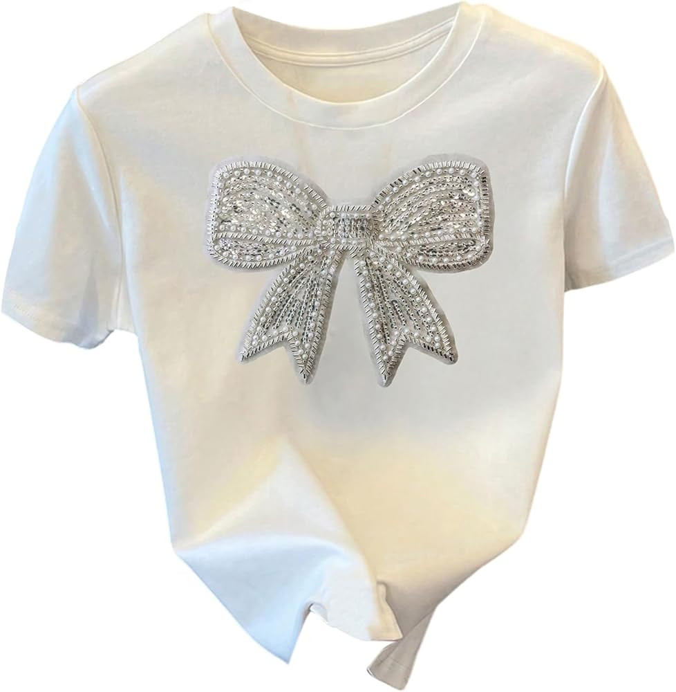 Floerns Women's Cute Short Sleeve T Shirts Bowknot Sequin Crew Neck Going Out Tee Tops | Amazon (US)