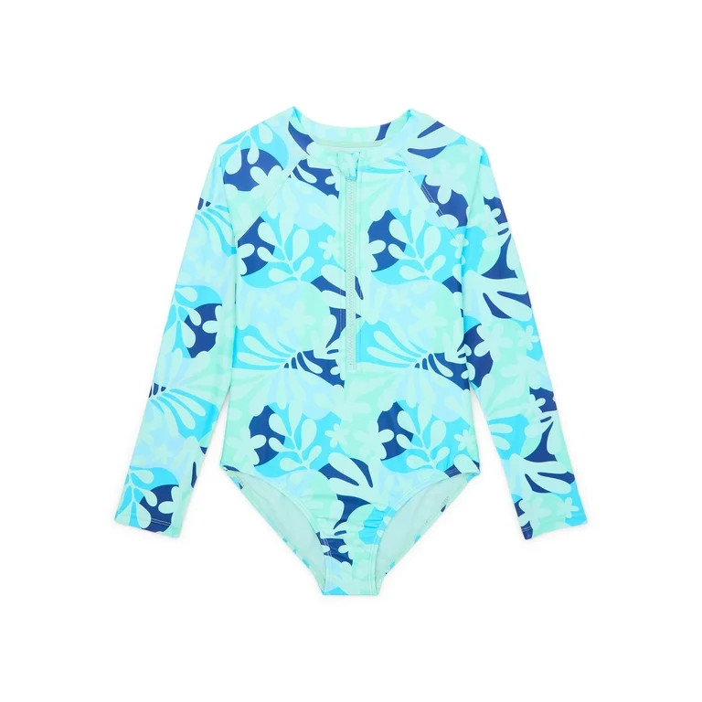 Wonder Nation Girls Long Sleeve Zip-Up Rash Guard One-Piece Swimsuit, Sizes 4-18 & Plus | Walmart (US)