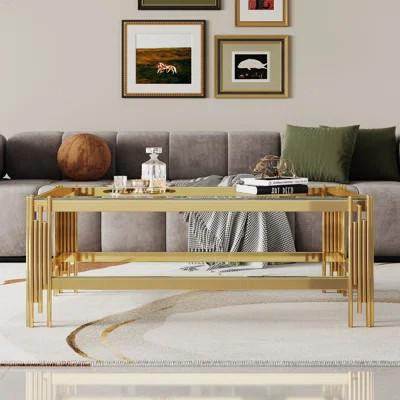 Top And Bottom Double Layer Tempered Glass Coffee Table And Mirror Finished Stainless Steel Frame | Wayfair North America