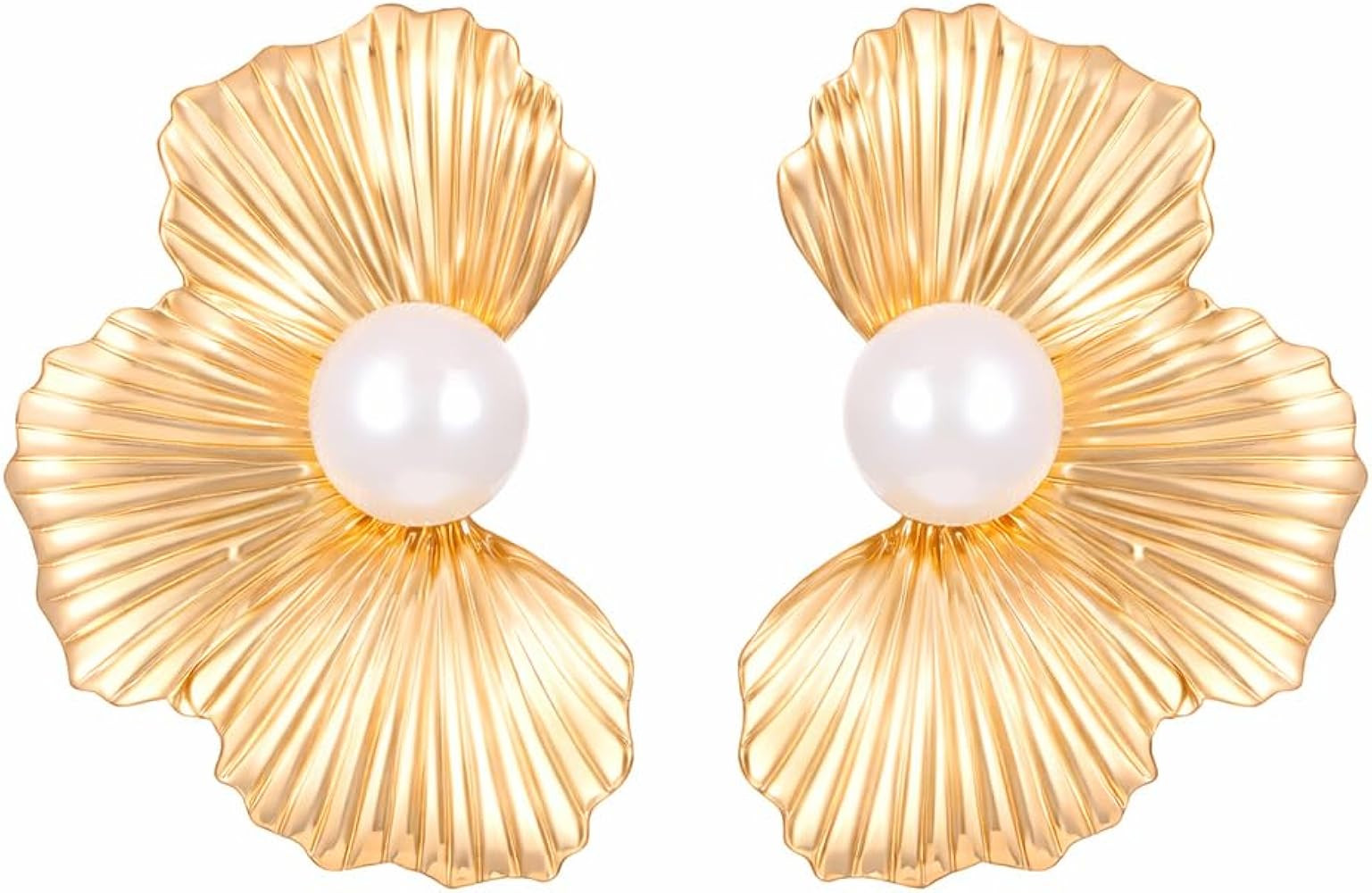 Gold Shell Pearl Stud Earrings for Women, Large Statement Flower Earrings with Center Pearl, Vint... | Amazon (US)