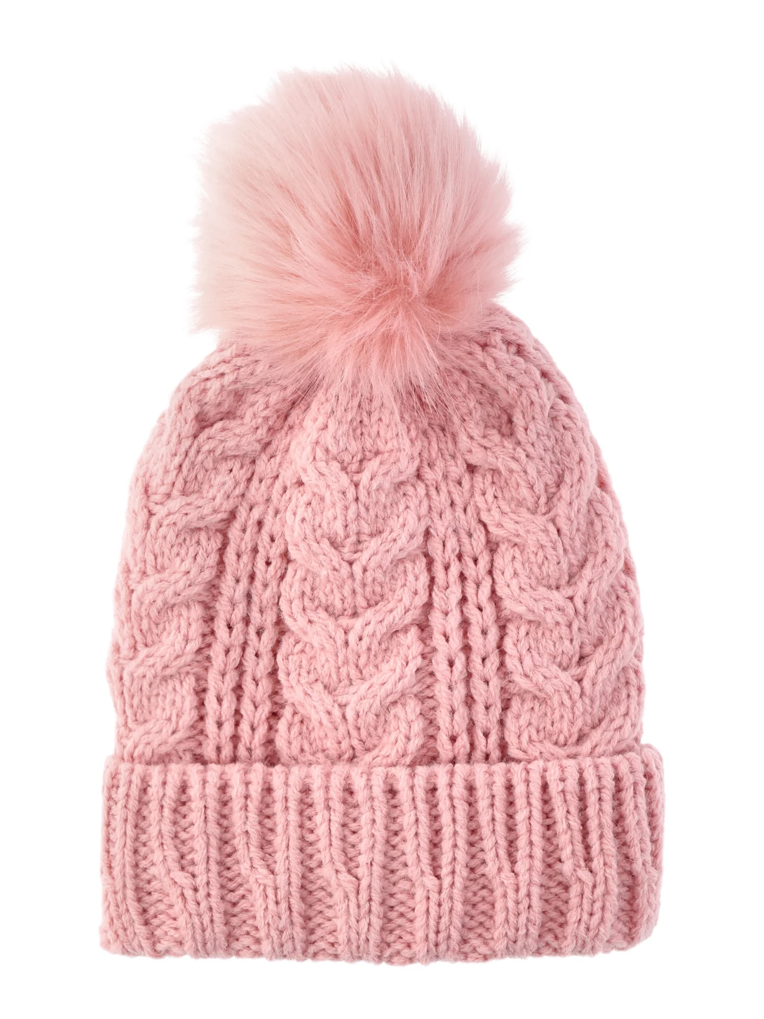 Time and Tru Women's Pom Cable Knit Winter Beanie, Dusty Rose | Walmart (US)