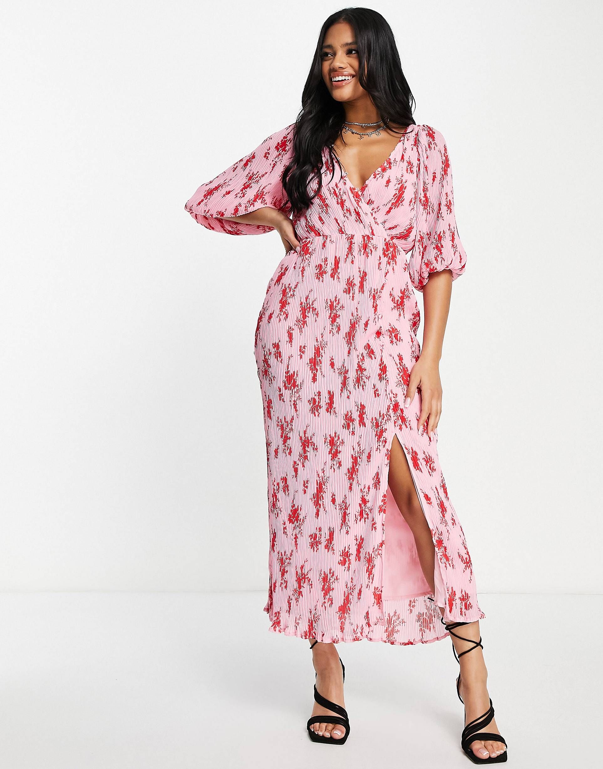 ASOS DESIGN plisse midi dress with button detail in red floral | ASOS (Global)