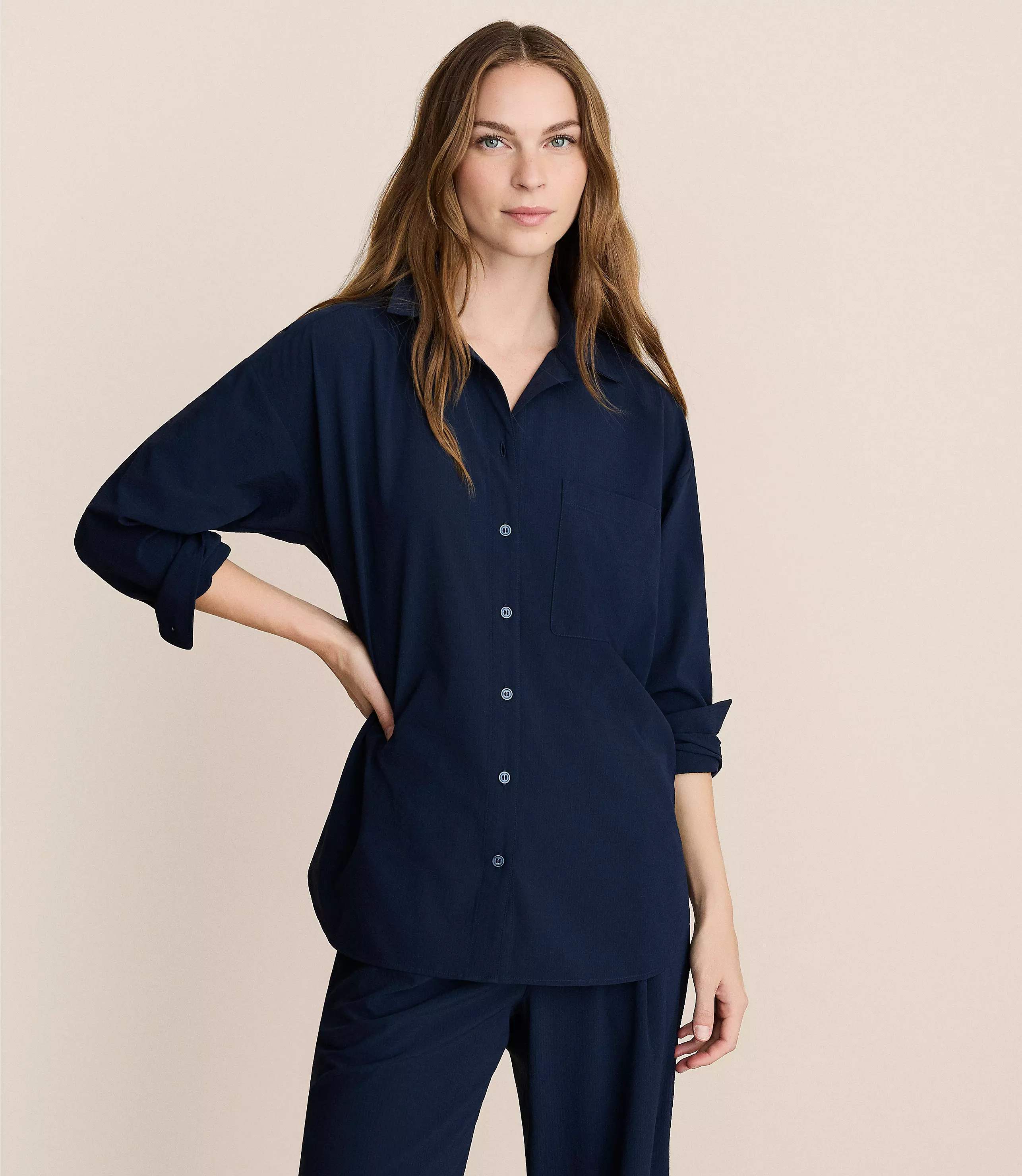 Lou & Grey Seersucker Wanderweave Oversized Pocket Shirt | LOFT