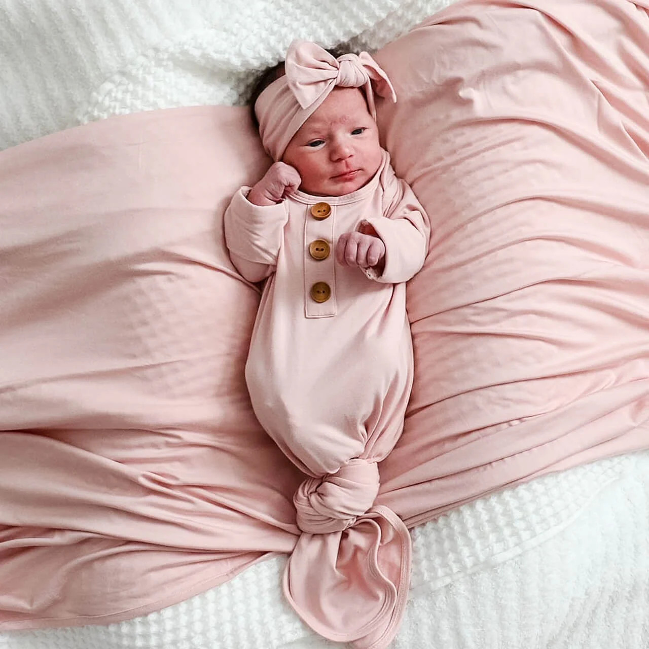 Solid Petal Pink Bamboo Baby Knot Gown & Hat | Caden Lane