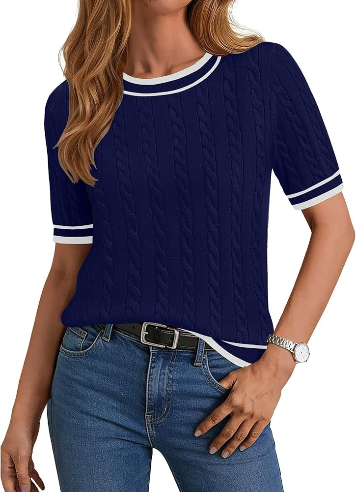 Zeagoo Cable Short Sleeve Sweaters for Women Summer Spring Cute Tops 2026 Trendy Business Causal ... | Amazon (US)