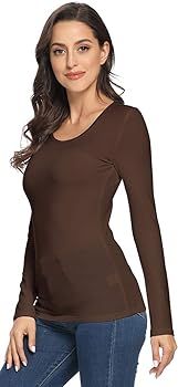 VIIOO Women's Basic Long Sleeve Scoop Neck T-Shirt Solid Slim Cotton Top | Amazon (US)