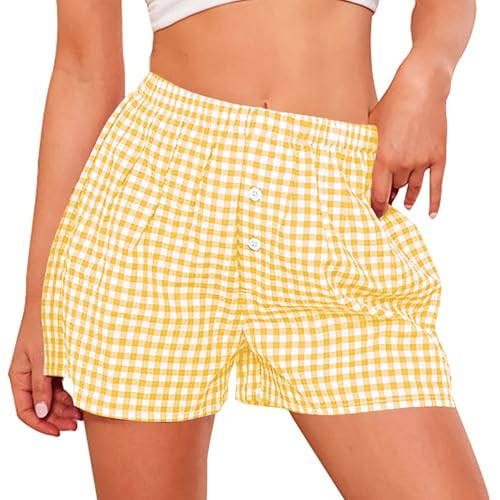 PRETTYGARDEN Womens Shorts Boxers 2025 Summer Gingham Pajama Lounge Sleep Y2K Plaid Pj Shorts Beach Bottoms(Yellow,Medium) | Amazon (US)
