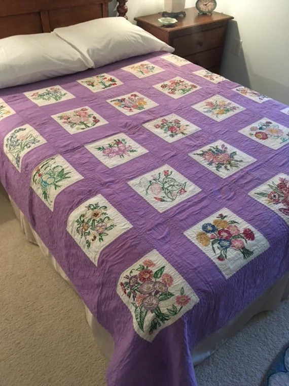 Antique Quilt, Embroidered Flowers, Fine Hand Quilting and Embroidery, No Two Flower Designs Alik... | Etsy (US)