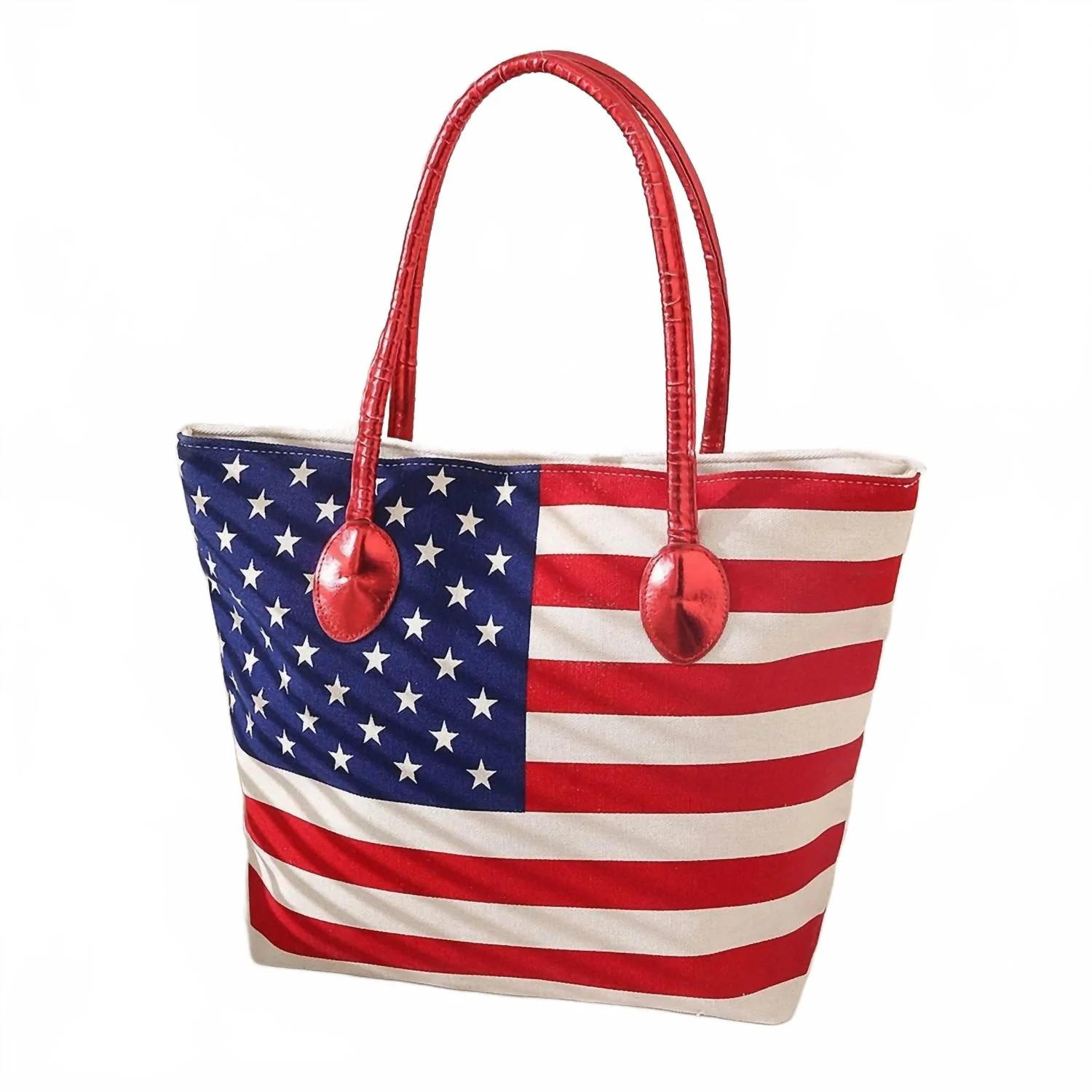 Women's American Flag Patriotic Canvas Tote Bag With Metallic Red Handles In Multi | Shop Simon
