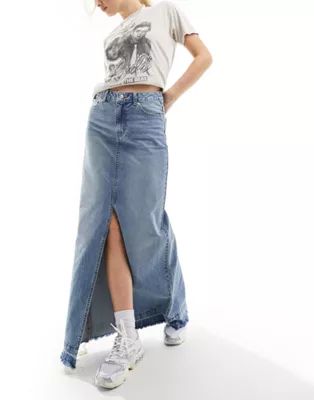 ASOS DESIGN denim maxi skirt with double split in midwash blue | ASOS (Global)