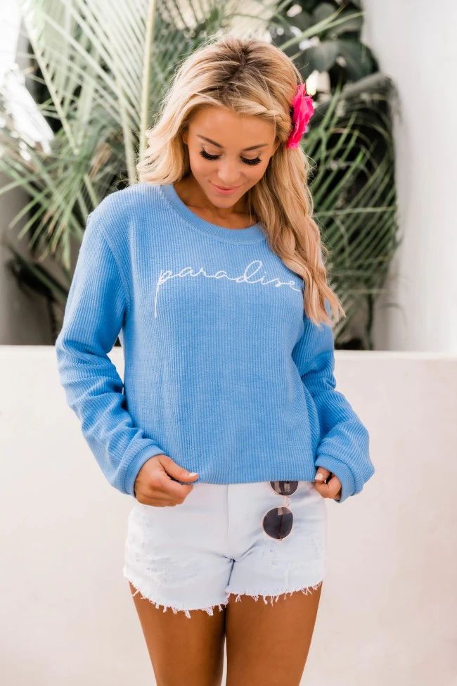 Paradise Script Blue Corded Graphic Sweatshirt | Pink Lily