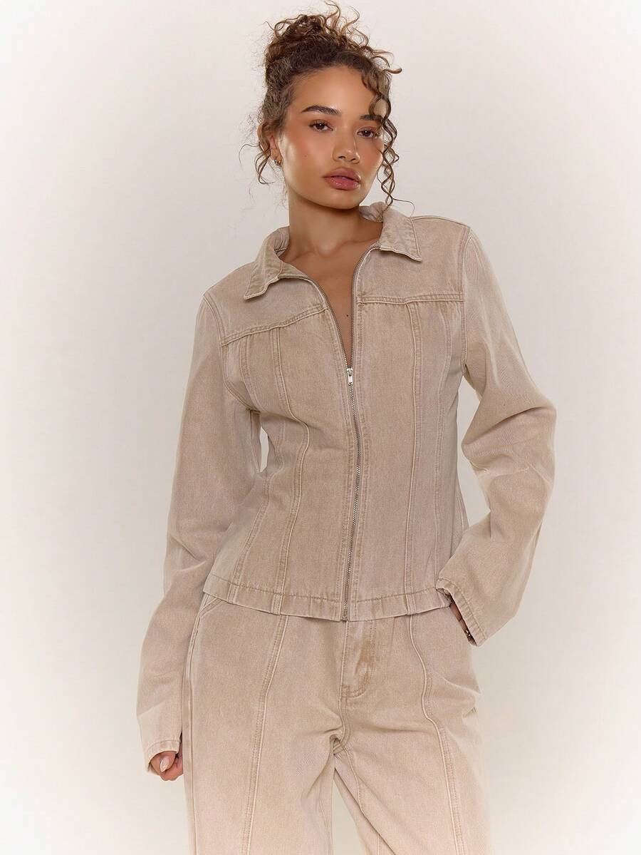 MUSERA Washed Bleached Denim Paneled Zip Down Collared Jacket Only Old Money Cute Country Cottage... | SHEIN