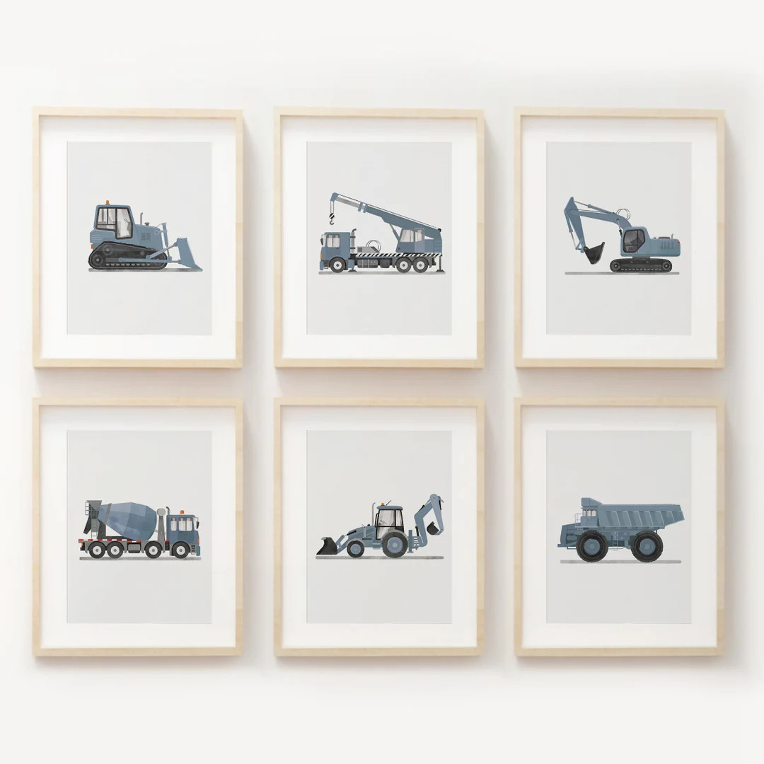 Vertical Set of 6 Pale Blue Construction Vehicle Prints, Construction Wall Art, Transportation Nu... | Etsy (US)