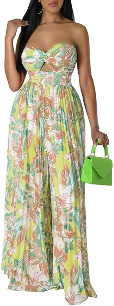 watersouprty Women's Floral Print Off Shoulder Jumpsuit Sleeveless Wide Leg Pants Rompers | Amazon (US)