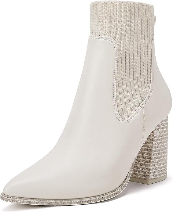 Amazon.com | Coutgo Womens Pointed Toe Ankle Boots Elastic Chunky Block Stacked Mid Heel Comforta... | Amazon (US)