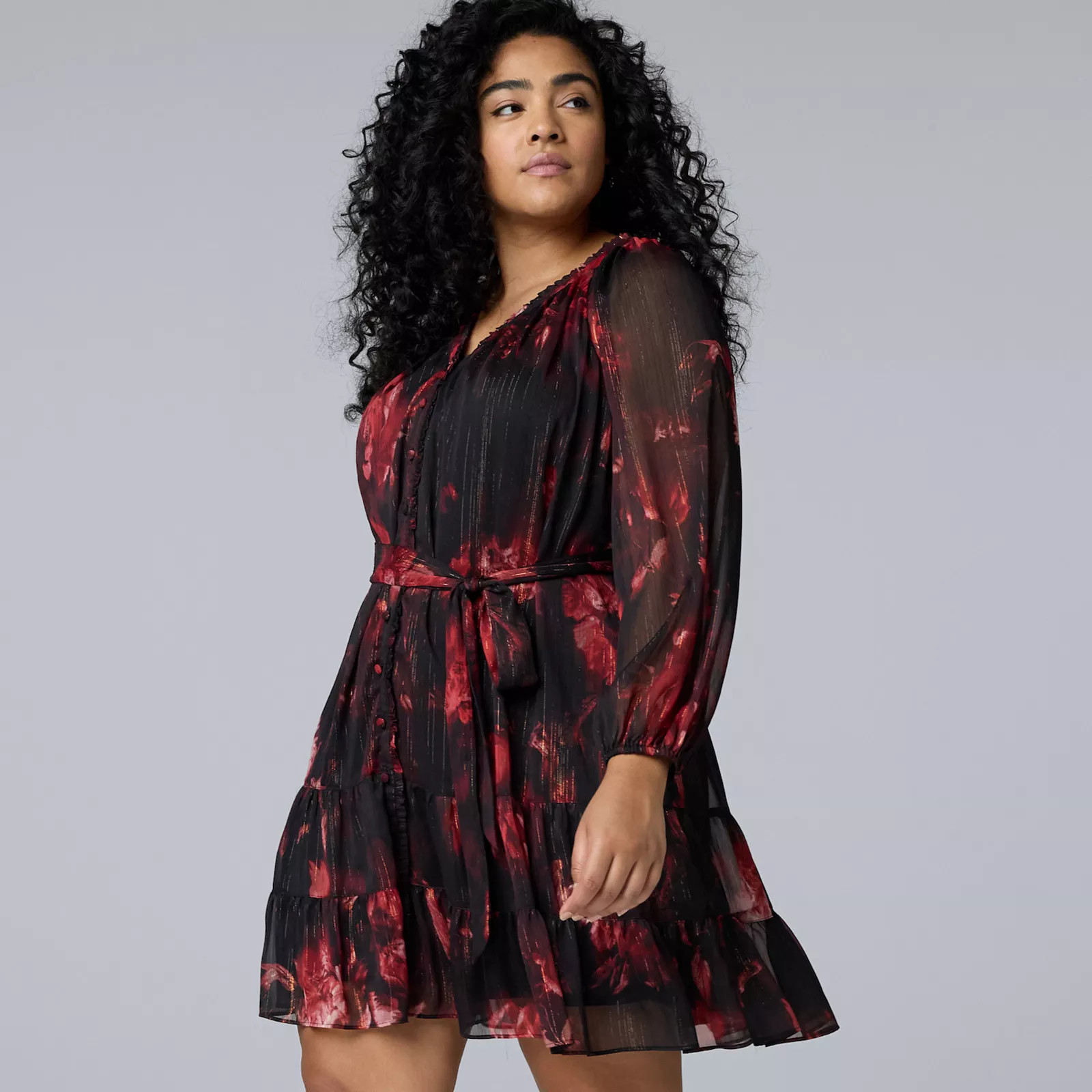 Plus Size Simply Vera Vera Wang Belted Short Dress, Women's, Size: 3XL, Red Black Floral | Kohl's