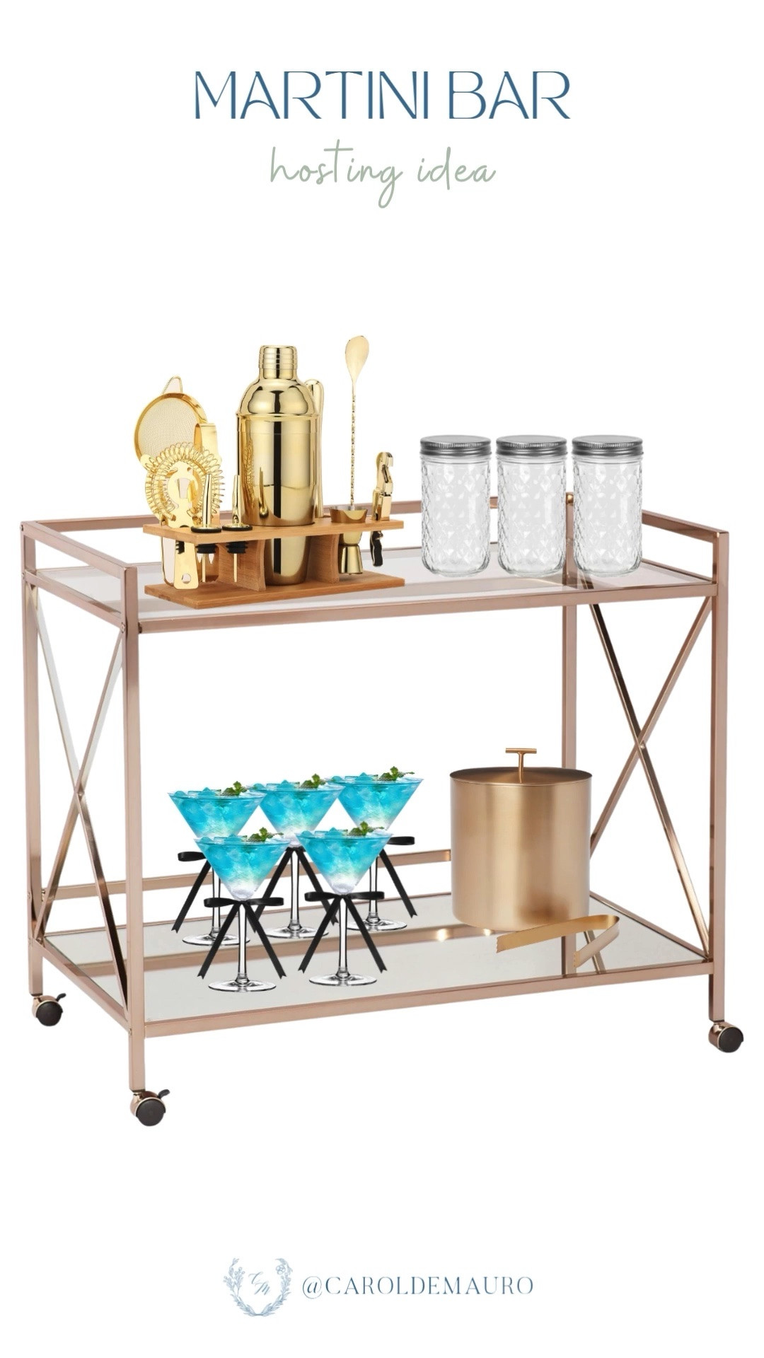 A martini bar cart setup like this is the kind of hosting detail that makes your guests feel like they're somewhere really special!

bar cart, hosting ideas, entertaining at home, summer party, home bar

#LTKHome