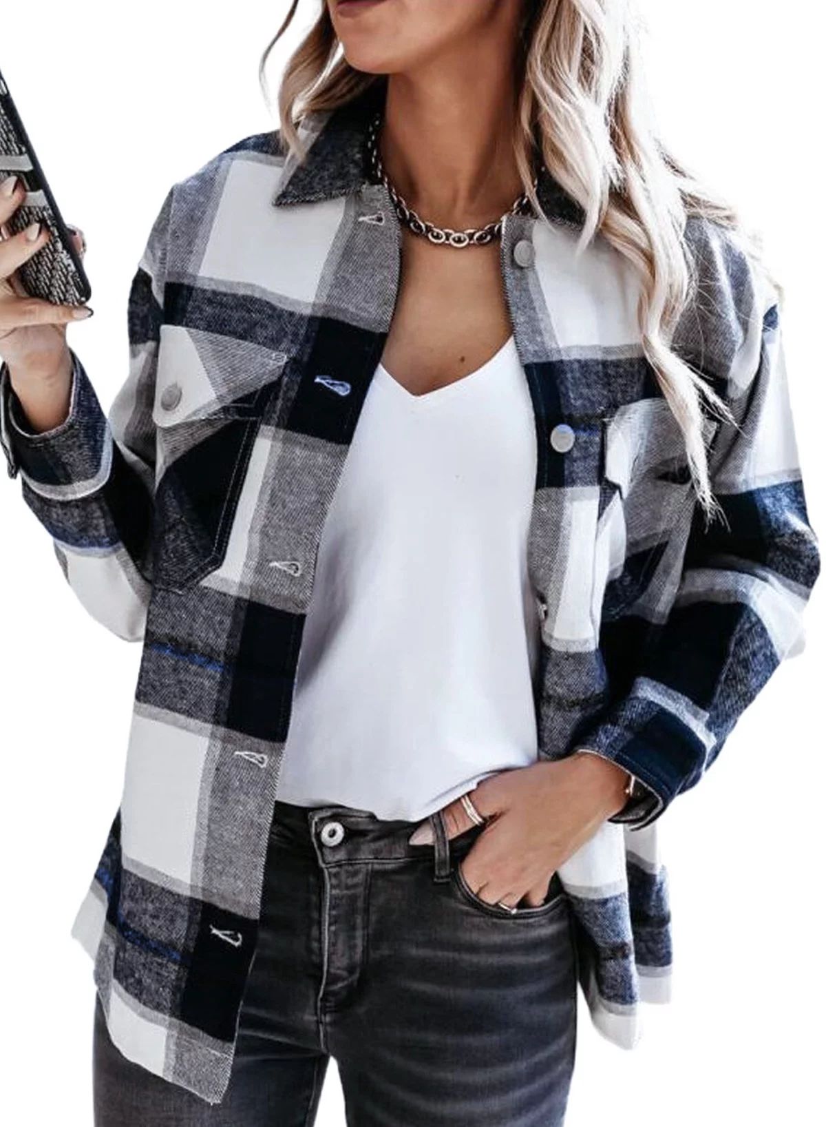 Asvivid Women's Plaid Shacket Flannel Jacket Coats Button Down Long Sleeve Oversized Shirts Blous... | Walmart (US)