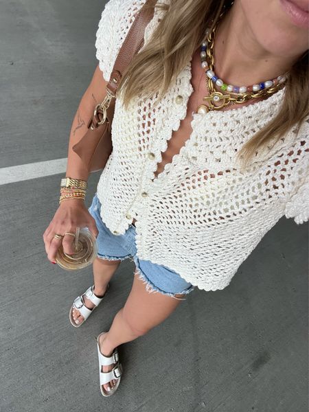 5/26/24 Casual weekend outfit 🫶🏼 Denim shorts, Agolde shorts, Agolde Jean shorts, Jean shorts outfit, summer outfits, summer outfit inspo, crochet top, casual summer fashion, casual summer outfits