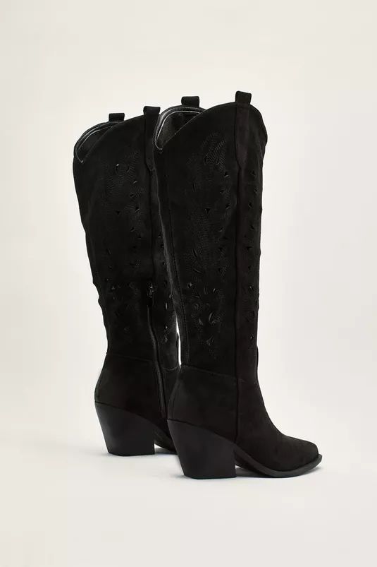 Faux Suede Embroidered Knee High Cowboy Boots | Nasty Gal (US)