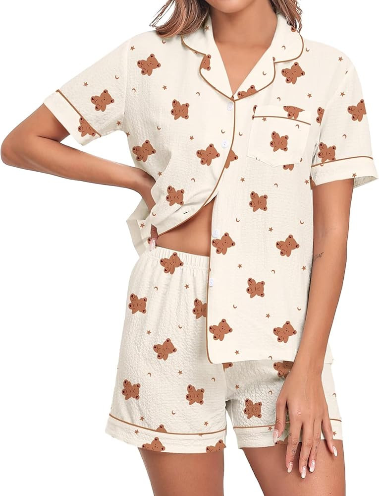 SWOMOG Women 2 Piece Pajamas Sets Short Sleeve Pj Sets Cute Printed Sleepwear Button Down Shirt w... | Amazon (US)