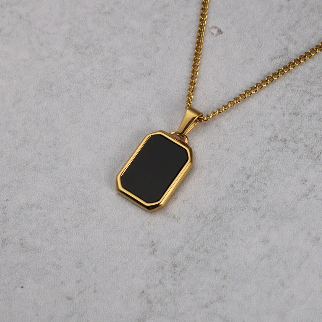 18K Gold Onyx Pendant Necklace Cuban Link Chain Stainless Steel Gemstone Pendant Black Stone Mens... | Etsy (US)