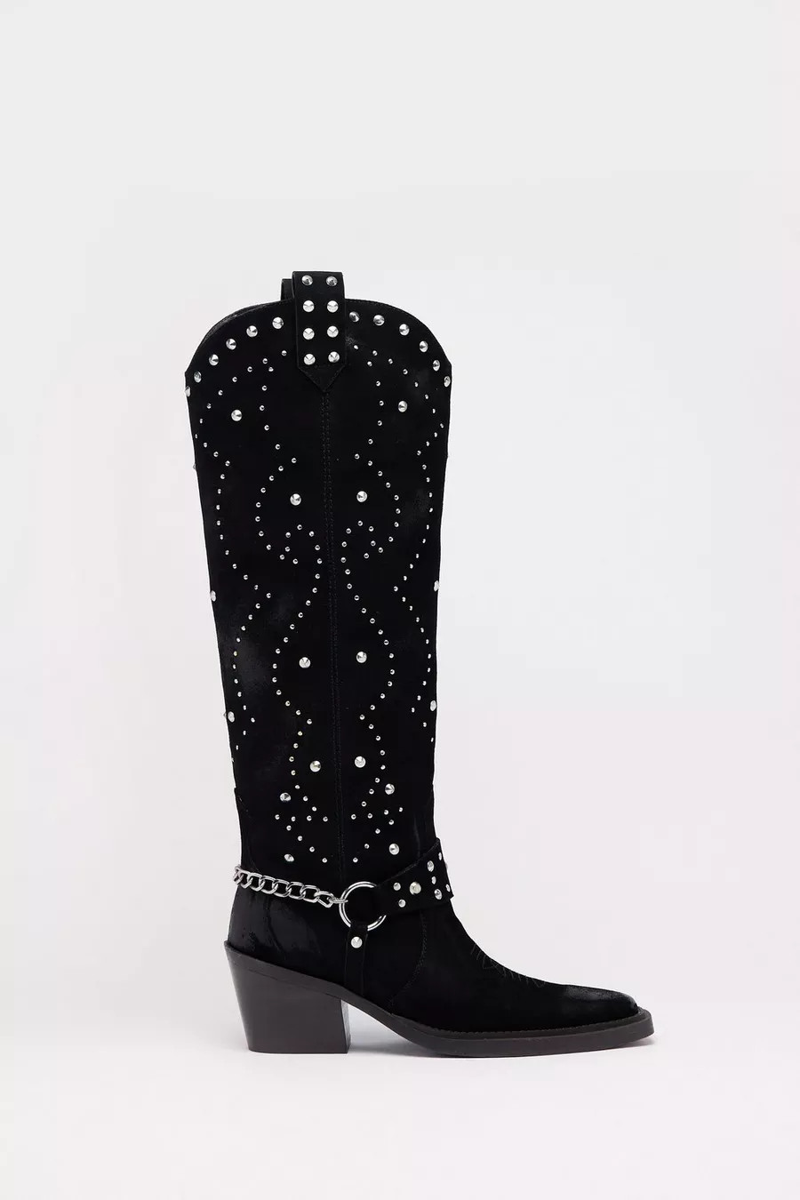 Suede Studded Harness Knee High Cowboy Boots | Nasty Gal (US)