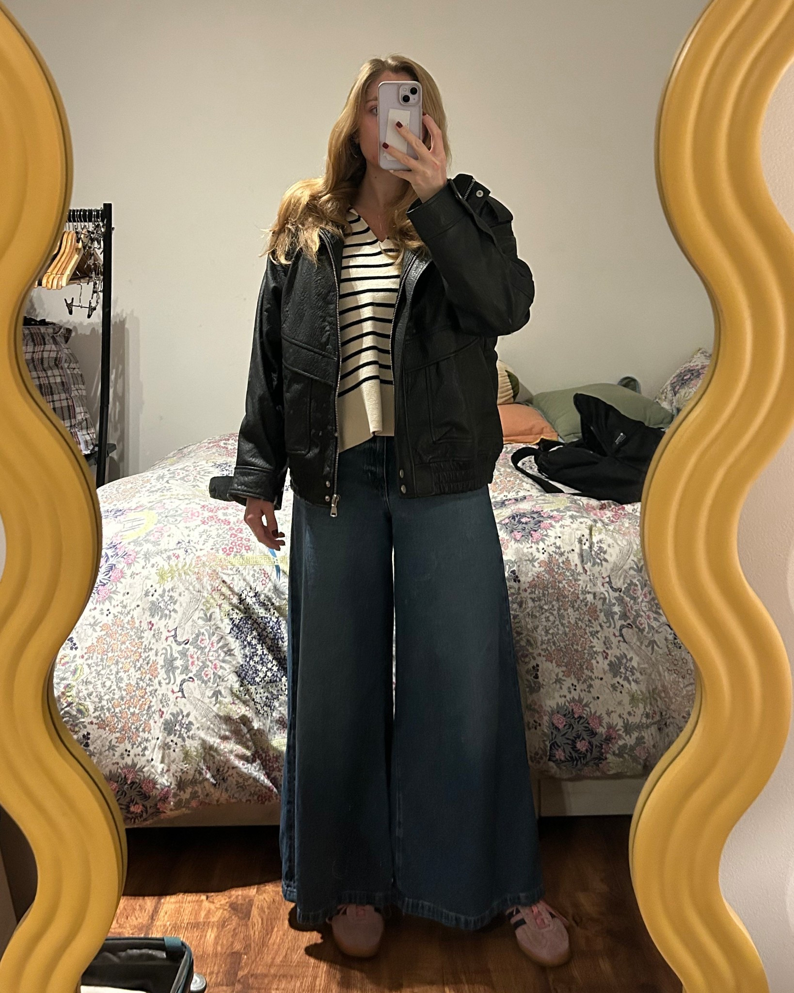 Airport outfit! What I wore travelling to Hamburg. Leather bomber jacket, wide leg jeans and stripe jumper, winter outfits, airport outfit

#LTKwinter #LTKtravel #LTKuk