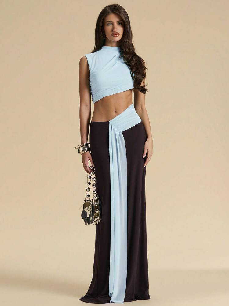 SHEIN BAE Asymmetric Cutout Sleeveless Mesh Knit Dress, Blue & Brown Color Block, Elegant Backles... | SHEIN