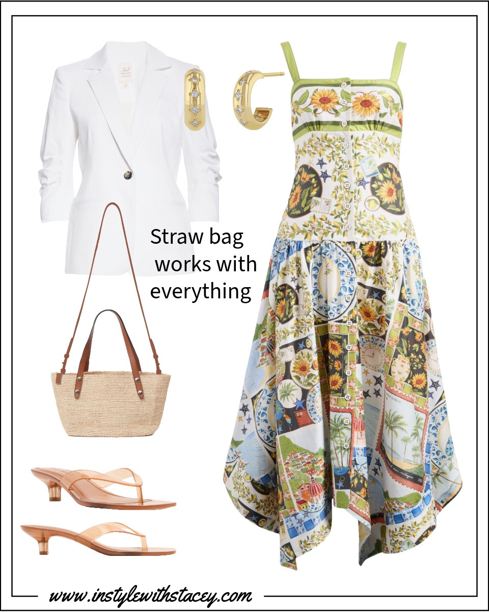 This dress will bring on the compliments. If you need a layer, a denim blazer from Cinq a Sept will elevate the look. Jelly sandals are a hot trend and a straw bag is always in style. 

#LTKSummerEdit #LTKStyleTip #LTKOver40