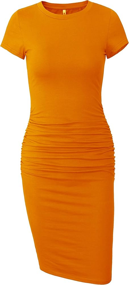Missufe Women's Short Sleeve Ruched Casual Sundress Midi Bodycon T Shirt Dress | Amazon (US)