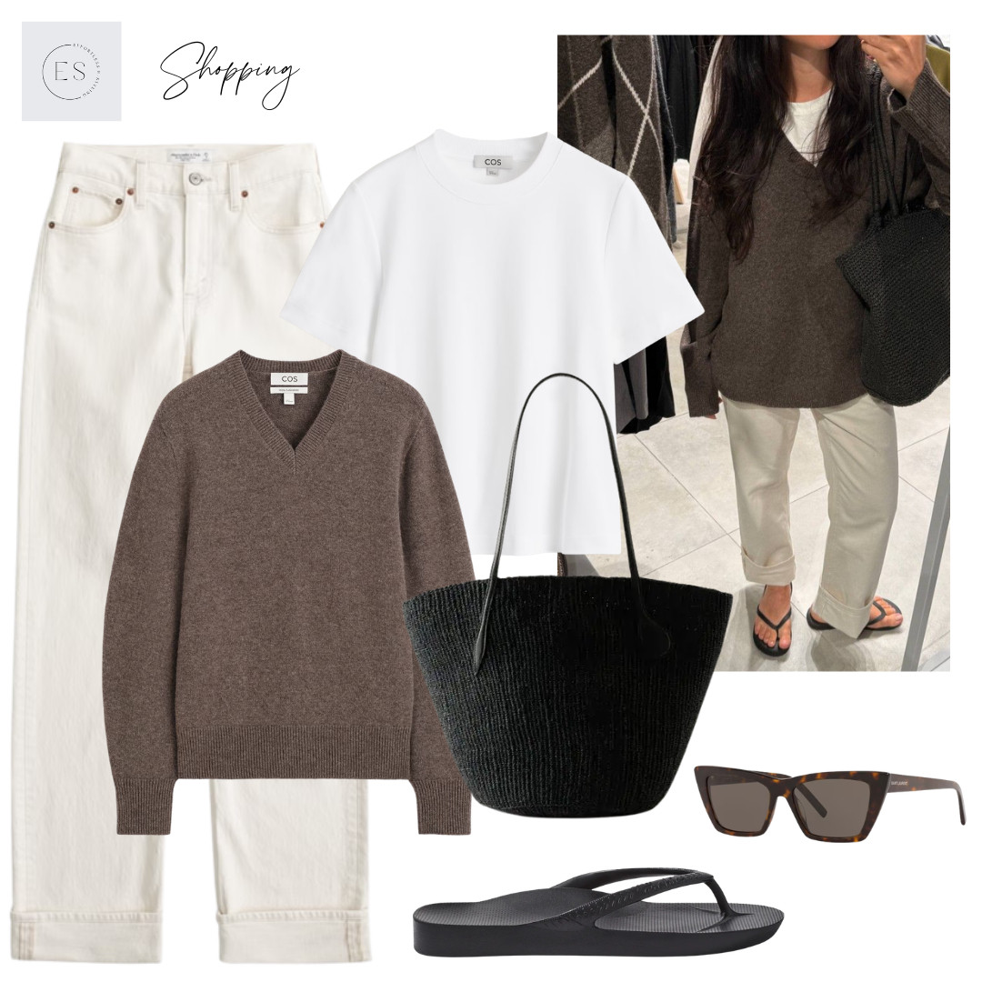 Casual outfit for warmer Autumn days. 

White t-shirt, light brown sculpted cashmere v neck jumper, ecru turn up jeans, brown tortoiseshell cat eye sunglasses, black rubber arch support flip flops, black raffia tote / shoulder bag with leather straps.   

 #LTKuk #LTKautumn #LTKjeans