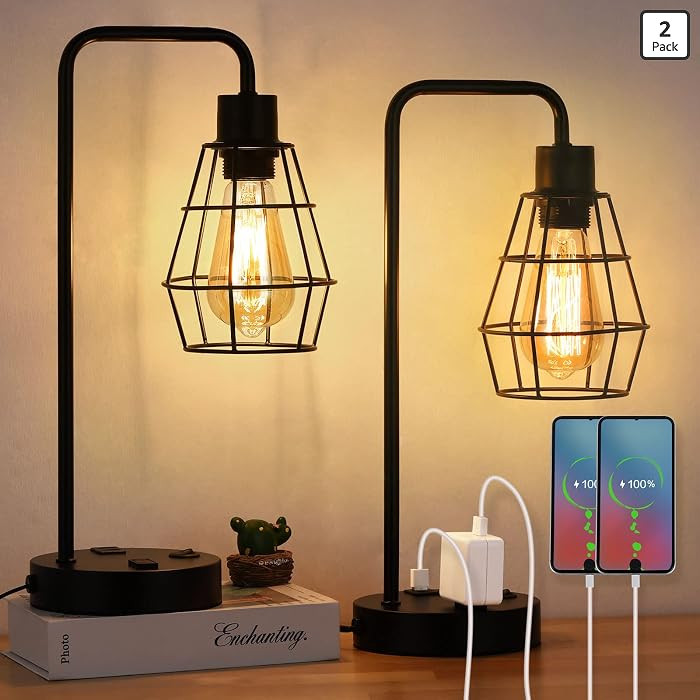 BTY USB Edison Table Lamp Set of 2, Bedside Nightstand Desk Lamps with Dual USB Charging Ports an... | Amazon (US)