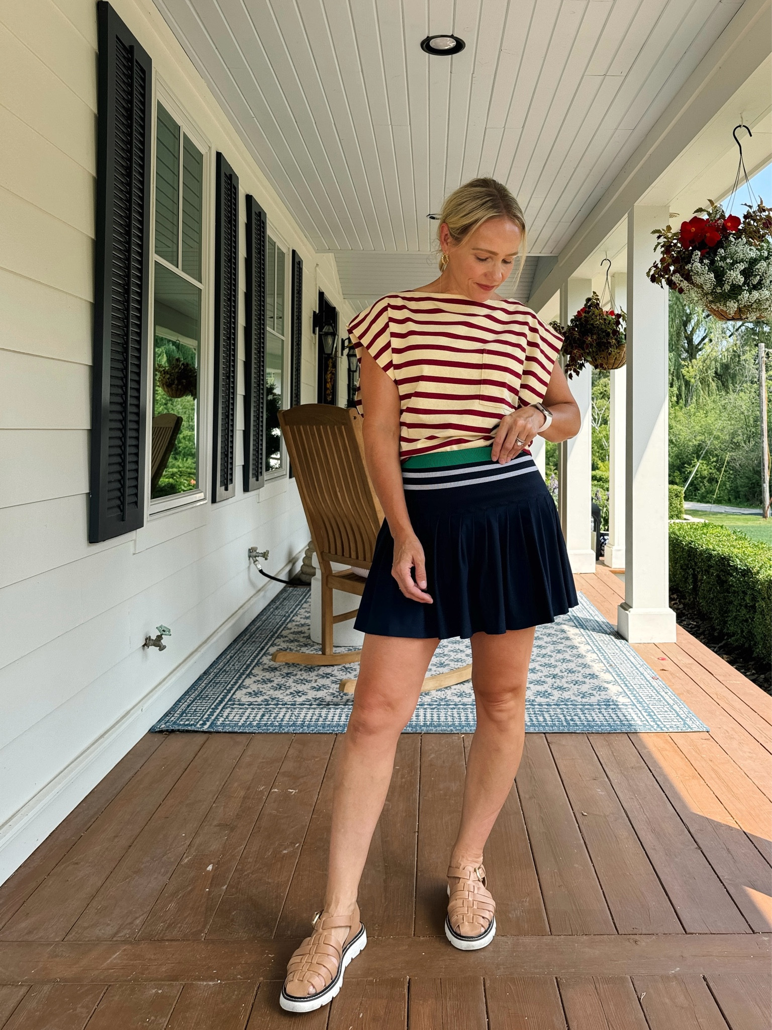 Hot weather summer outfits to copy - tennis skirt (linked similar) stripe breezy muscle tank, neutral fisherman sandals, Amazon hair ties, oneskin face sunscreen 
♥️ Claire 

#LTKActive #LTKSeasonal #LTKStyleTip