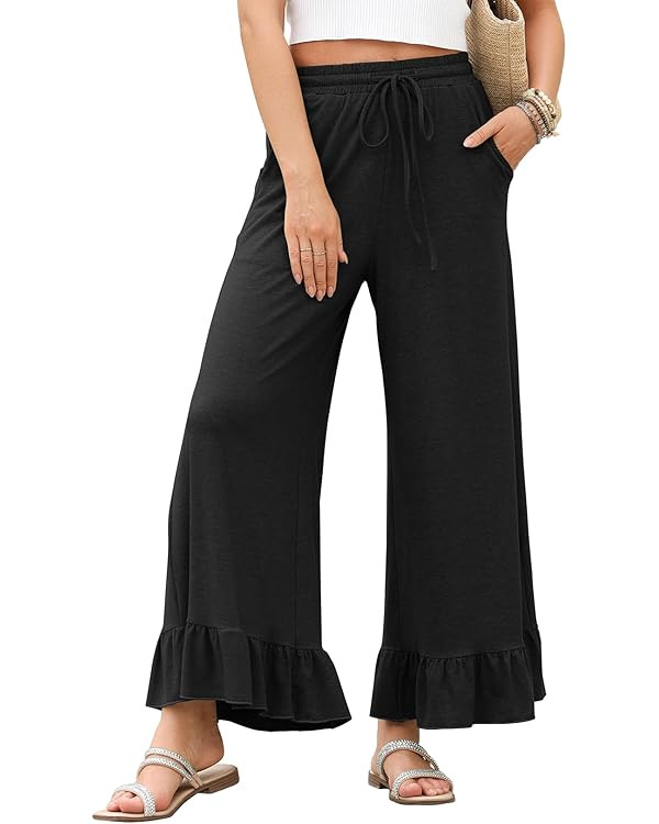 EVALESS Womens Wide Leg Pants Drawstring Elastic High Waisted Ruffle Hem Palazzo Pants with Pocke... | Amazon (US)