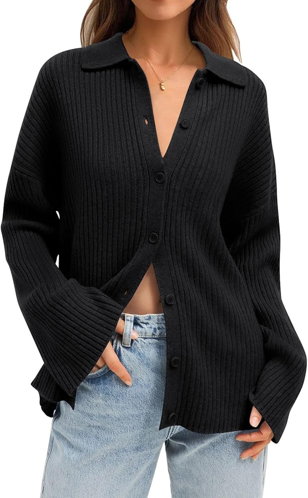 LILLUSORY Women's Cardigan 2023 Long Sleeve Button Down Sweater Shirts Lightweight Collared Loose... | Amazon (US)