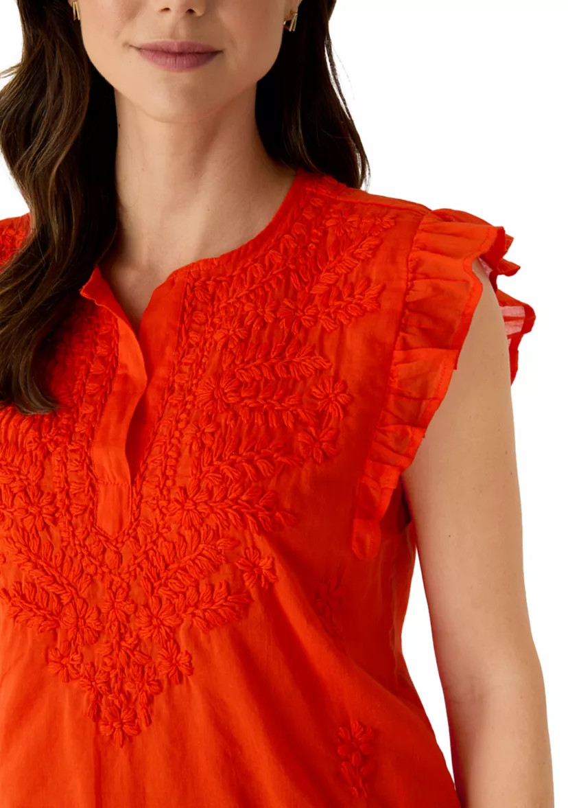 Women's Flutter Sleeve Embroidered Split Neck Blouse | Belk