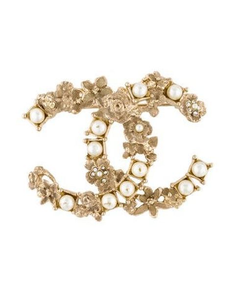 Chanel Crystal, Faux Pearl & Lacquer Floral CC Brooch Silver | The RealReal