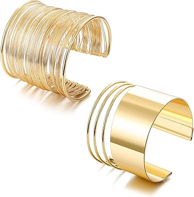 Besteel 2 Pcs Cuff Bangle Bracelet Set for Women Open Wide Wire Bracelets Adjustable Gold Sliver-... | Amazon (US)