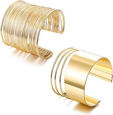 Besteel 2 Pcs Cuff Bangle Bracelet Set for Women Open Wide Wire Bracelets Adjustable Gold Sliver-... | Amazon (US)