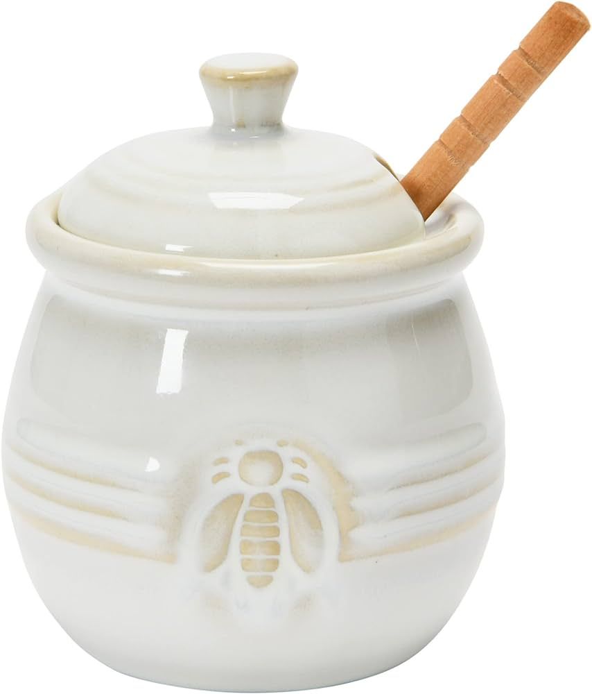 Creative Co-Op Farmhouse Embossed Stoneware Honey Pot with Wood Honey Dipper, White | Amazon (US)