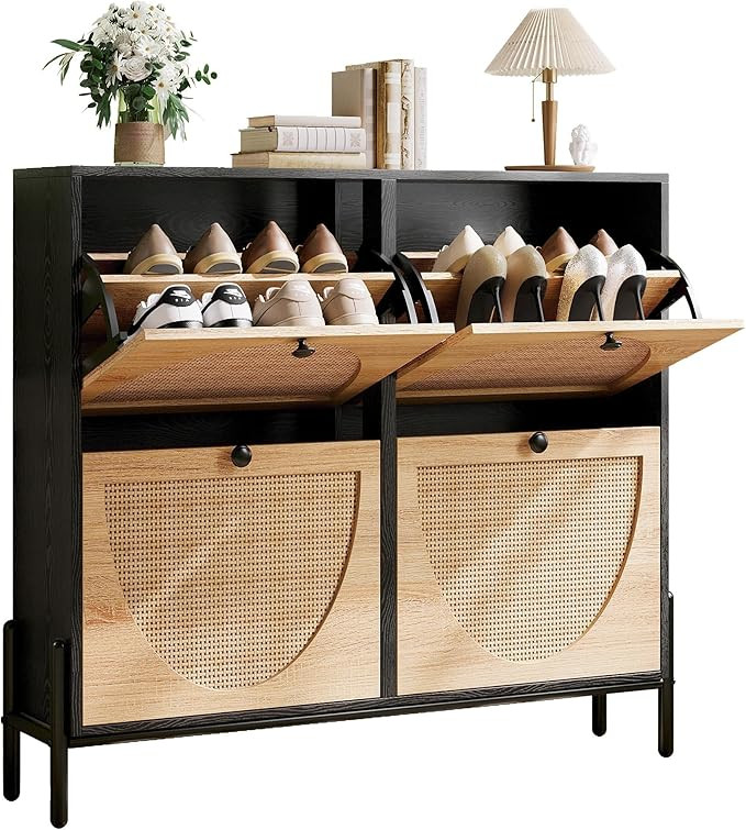 IRONCK Rattan Shoe Cabinet Storage with 4 Flip Drawers, Freestanding Shoe Storage Organizer Cabin... | Amazon (US)