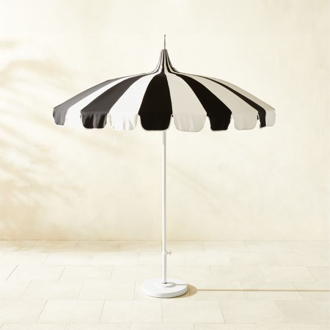 Pagoda Round Black & Natural White Stripe Outdoor Umbrella with White Base | CB2