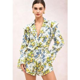 Lemon Print Ruffled Bubble Sleeve Top and Shorts Set for Tropical Vacations & Resort Brunches | Chicwish